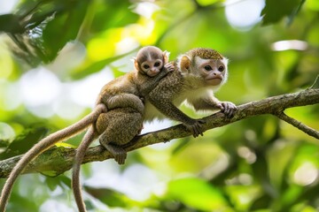 Obraz premium Two monkeys resting on a branch in a lush green environment.