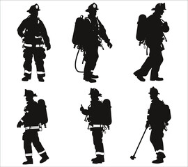 Firefighter silhouette set vector, Black silhouettes of young firefighter, Vector firefighter silhouettes set
