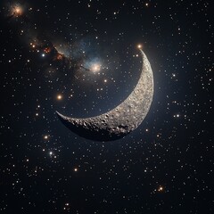 Naklejka premium Mesmerizing Crescent-Shaped Asteroid Illuminated by Distant Stars and Galaxies