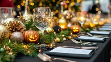 Spooky Halloween dinner party at a haunted American hotel long black tables set with bat-themed pasta