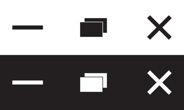Minimize, Maximize, and Close button icon vector for web and UI. Web buttons for software and application.  Vector illustration isolated on white and black background. EPS 10