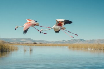 Fototapeta premium Two flamingos flying over a serene water body with a clear blue sky.