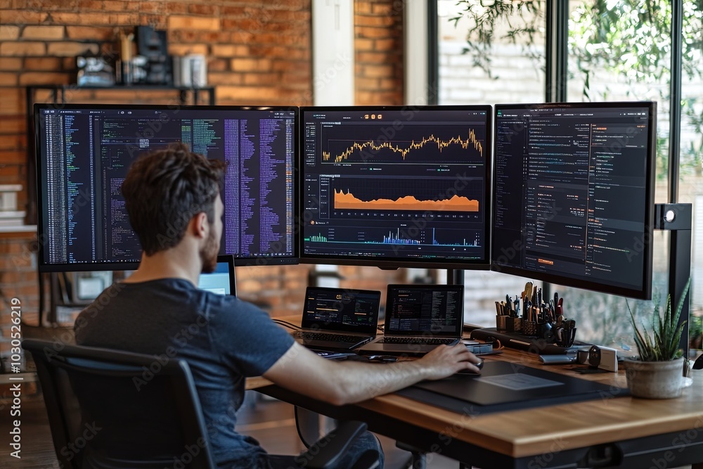 Poster a person analyzes data on multiple monitors in a modern workspace with brick walls during the daytim