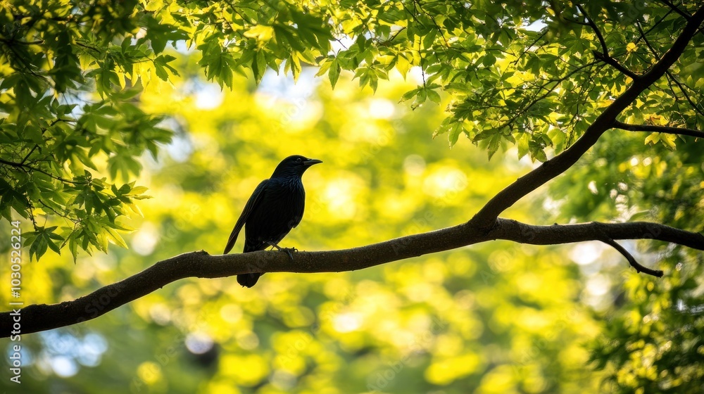 Sticker A silhouetted bird perched on a branch amidst vibrant green foliage.