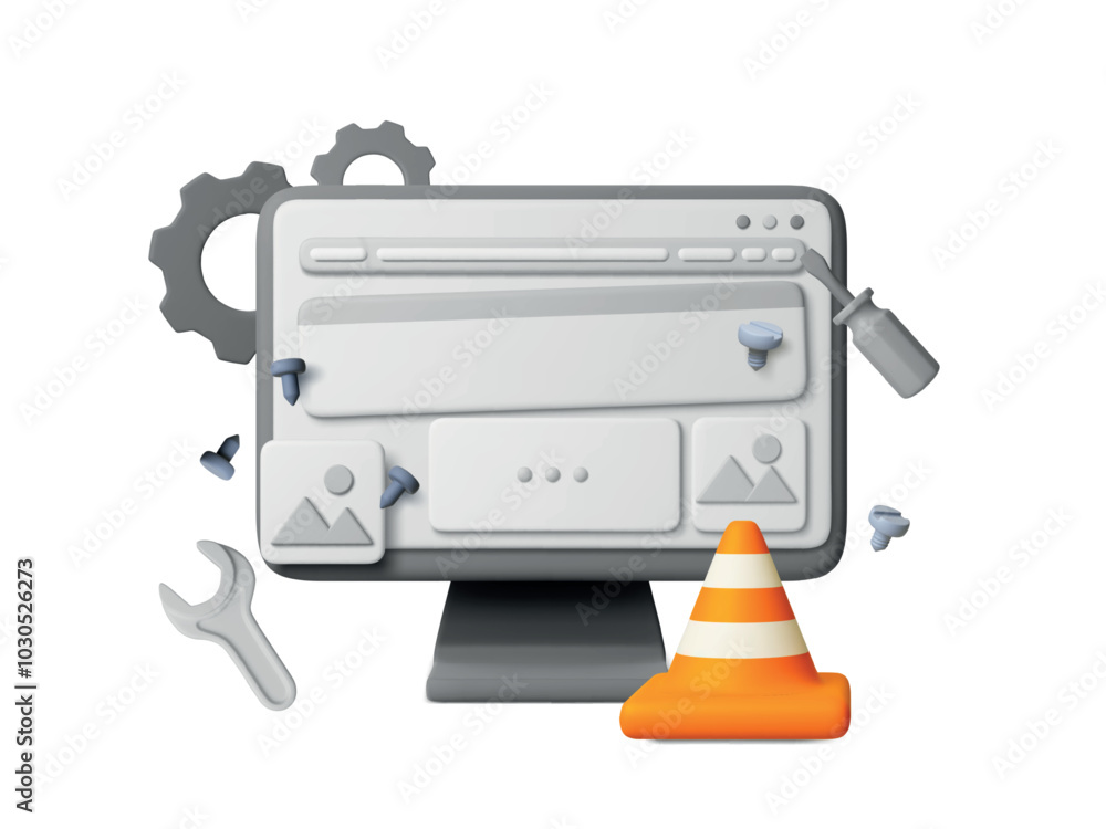 Poster 3d error 404 3d icon. system upgrade, development and service work on web page. repair tools and mon
