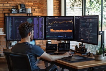 A person analyzes data on multiple monitors in a modern workspace with brick walls during the daytime. Generative AI