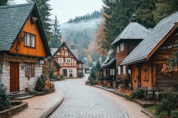 A picturesque village with charming wooden houses and a winding cobblestone path.