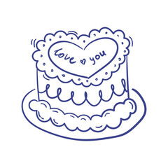 Hand drawn doodle drawing of cute heart shaped cake with text. Dessert for valentine day, birthday, wedding. Outline scribble pastry. Vector graphic
