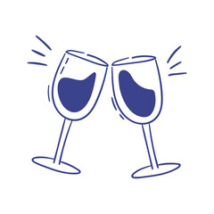 Doodle cheers drawing. Wine glasses as a symbol of celebration. Alcohol drink line art silhouette. Vector graphic
