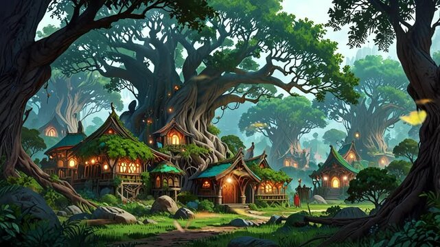 hidden village in the forest. seamless looping 4k video background animation