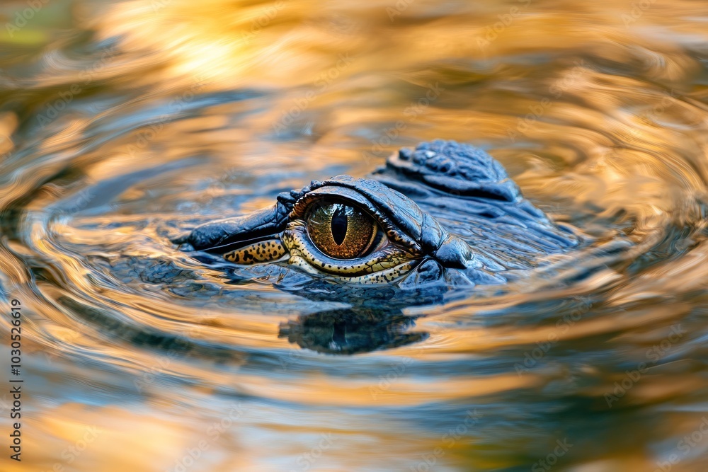 Canvas Prints A close-up of a crocodile's eye partially submerged in water with swirling reflections.