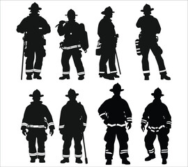 Firefighter silhouette set vector, Black silhouettes of young firefighter, Vector firefighter silhouettes set