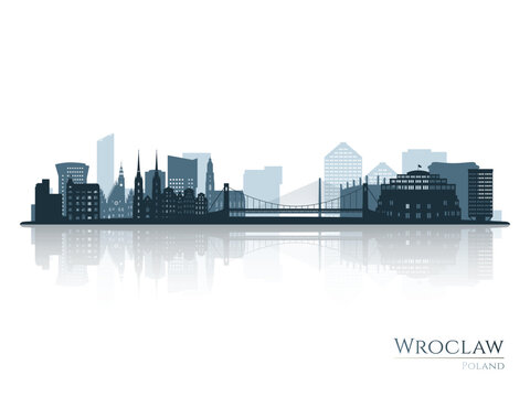 Wroclaw skyline silhouette with reflection. Landscape Wroclaw, Poland. Vector illustration.