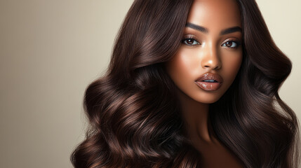 Naklejka premium A woman with long, curly hair is standing in front of a white background. She has a serious expression on her face and her hair is styled in a way that accentuates her features