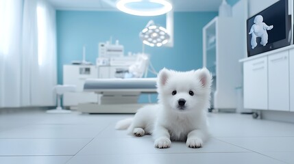 Modern medical clinic treating a puppy, showcased in a high-resolution clinic setting.
