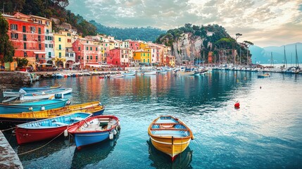Fototapeta premium Serene Fishing Port with Colorful Boats and Scenic View