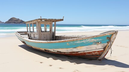 Obraz premium A weathered wooden boat rests on a pristine sandy beach with the calming blue ocean in the background, a testament to the passage of time and the enduring beauty of nature.