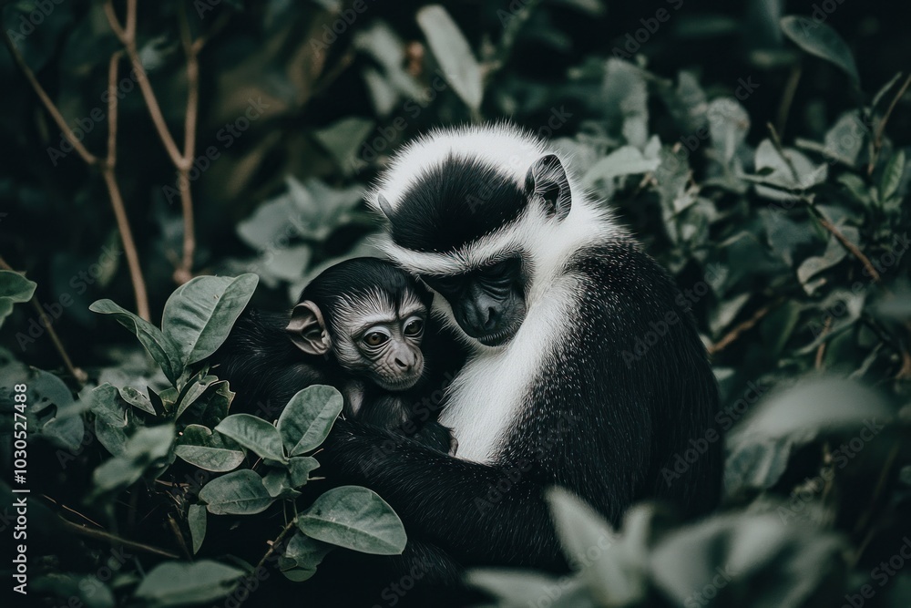 Poster A mother monkey tenderly embraces her baby in a lush green environment.