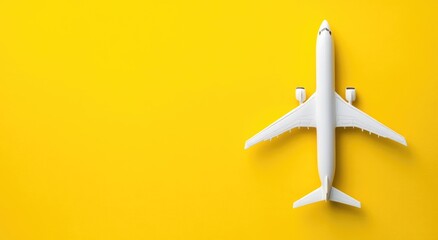 White airplane model on a yellow background with copy space for a travel concept.