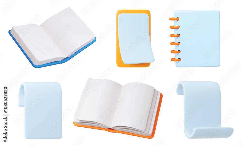 Poster 3d paper for notes 3d icons. open empty notebooks, sketchbooks notepad, papers sheets. isolated real