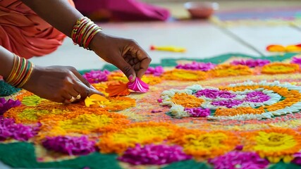 Person making a colorful floral rangoli
