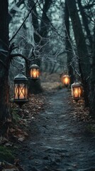 Serene Path into a Haunted Forest with Glowing Lanterns