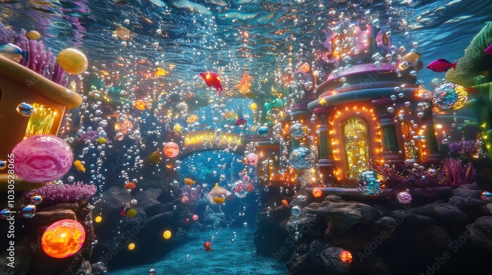 Poster an enchanting underwater scene filled with colorful bubbles and whimsical structures.