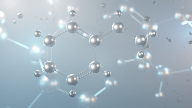styrene molecular structure, 3d model molecule, precursor polystyrene, structural chemical formula view from a microscope