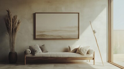 A serene, minimalist living space featuring a daybed, artwork, and natural light.