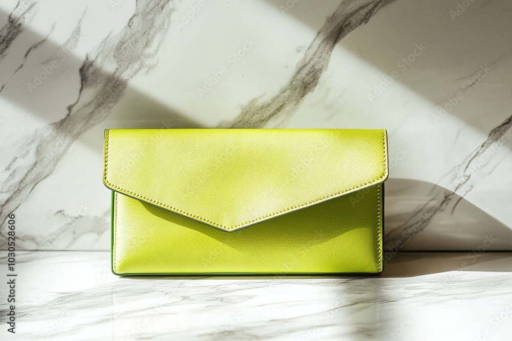Poster stylish lime green clutch bag placed on a marble surface with soft shadows highlighting its design a
