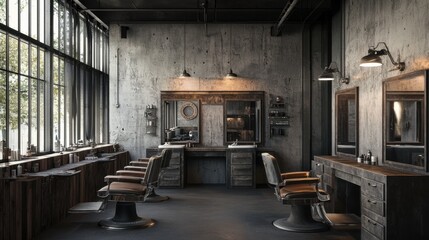 Edgy men's barber shop with concrete walls, metal accents, and dark wood furniture, creating a cool, contemporary atmosphere.