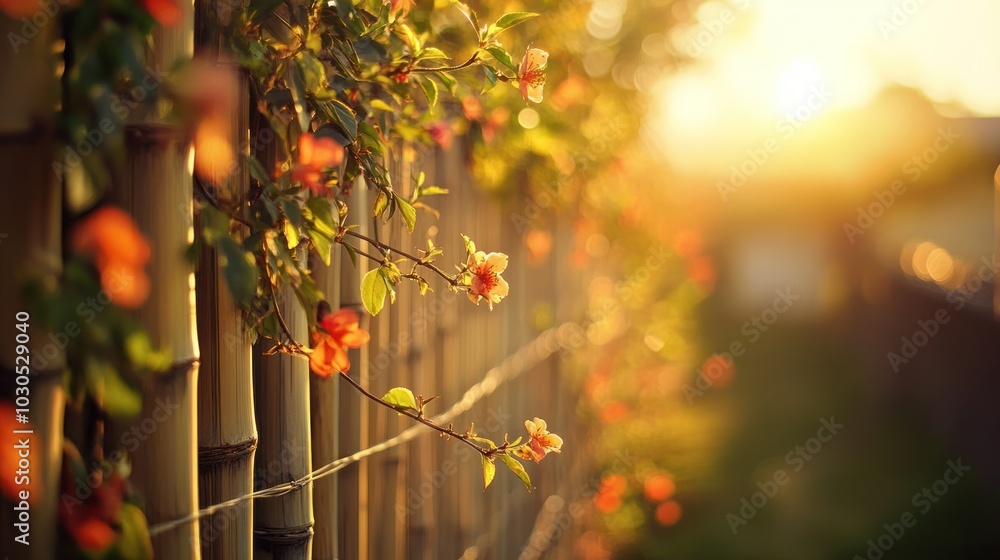 Wall mural A serene sunset scene featuring bamboo and blooming flowers, evoking tranquility and nature.