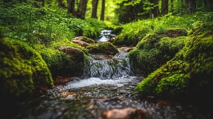 A serene forest stream flows over moss-covered rocks, surrounded by lush greenery.