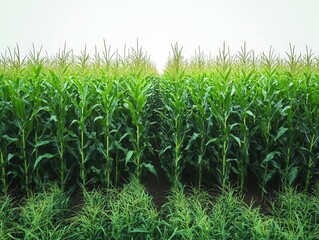 lush cornfield in full growth phase, captured in isolation against a white background. the vibrant green stalks symbolize abundance and agricultural vitality, providing a fresh perspective on farming