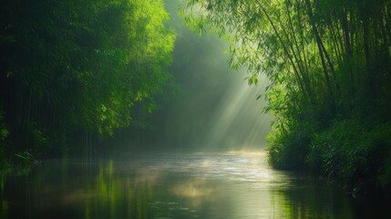 Fototapeta premium Serene river scene surrounded by lush greenery and soft rays of sunlight.