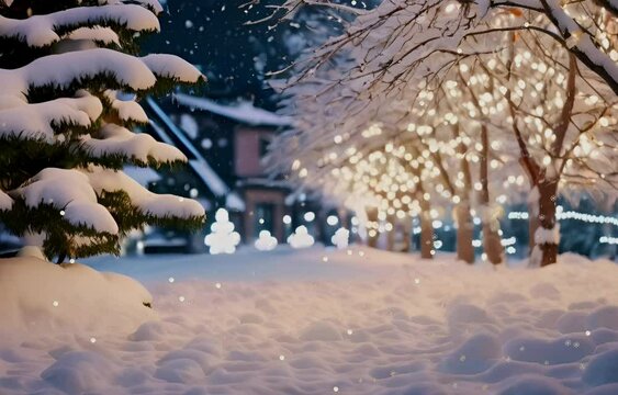 winter landscape with trees and lighting. christmas and new year snow falling background . merry christmas animation