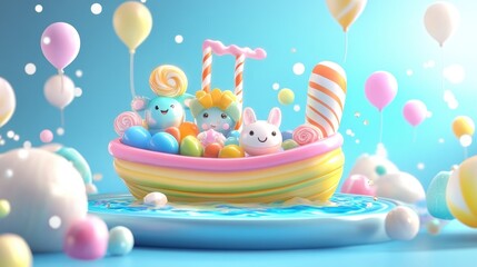 A whimsical scene featuring cute characters in a colorful boat surrounded by balloons and candy.