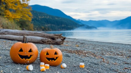 American Halloween beach bonfire ghost-shaped marshmallows roasting over the fire