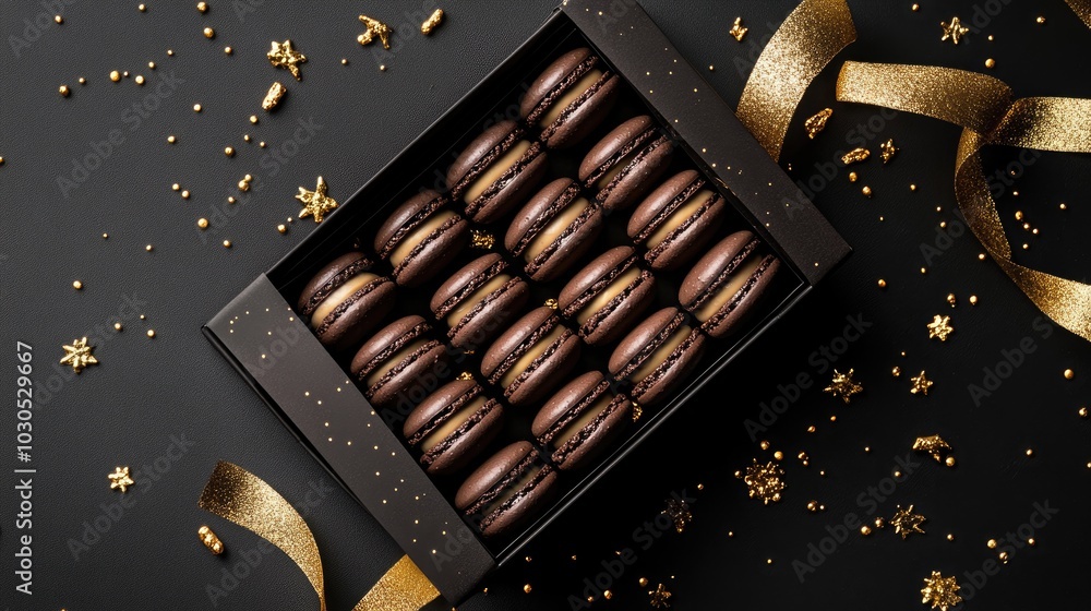 Wall mural A flat lay of dark chocolate macarons in a stylish gift box with golden embellishments on a black background, perfect for dessert mockup design.