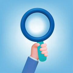 3d Search 3d concept. Hand hold magnifying glass. Businessman looking perspectives, searching business invest projects. Science research, scientist, vector render element