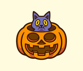 Cat Peeking Out from a Jack O Lantern Pumpkin Cartoon Vector Illustration Halloween Icon Design