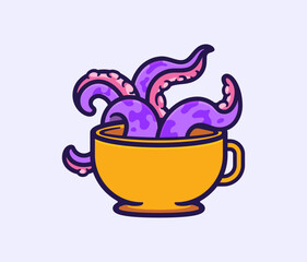 Cup with Tentacles Emerging, Whimsical Art for Creative Projects Colorful Cartoon Illustration