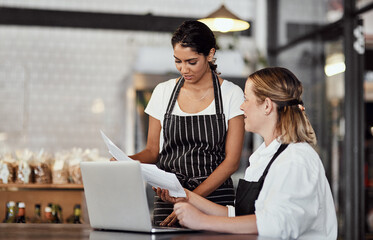 Restaurant, waitress or business owner with paperwork for planning budget, online review or admin....