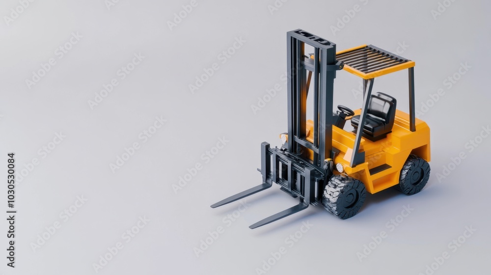Poster isometric 3d render of a forklift isolated on a white background, focusing on the design and functio