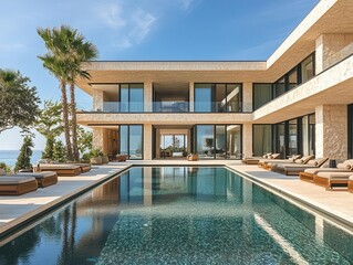 Fototapeta premium luxurious beachside hotel featuring a sleek modern design, shimmering swimming pool reflecting the blue sky, and inviting sunbeds on a sunlit deck, perfect for a lavish getaway