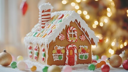 A festive gingerbread house decorated with colorful candy accents.