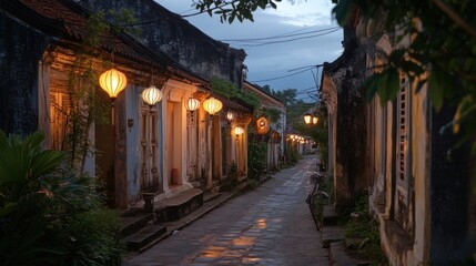 Obraz premium A serene street scene at dusk, illuminated by lanterns in a historic setting.