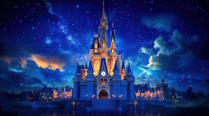A magical castle illuminated at night, surrounded by a starry sky and clouds.