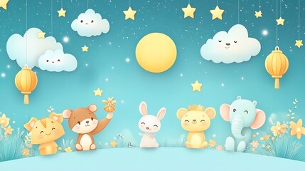 Charming Eid festival Ramadan banner decorated with cute cartoon animals celebrating under a starry sky surrounded by traditional lanterns with space for text on a light blue background