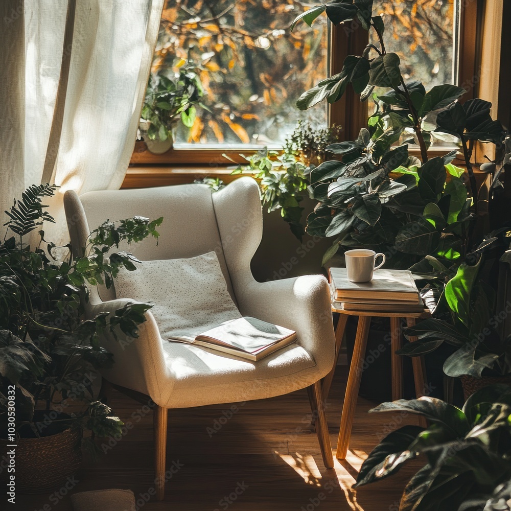 Wall mural A cozy reading nook surrounded by plants and natural light.